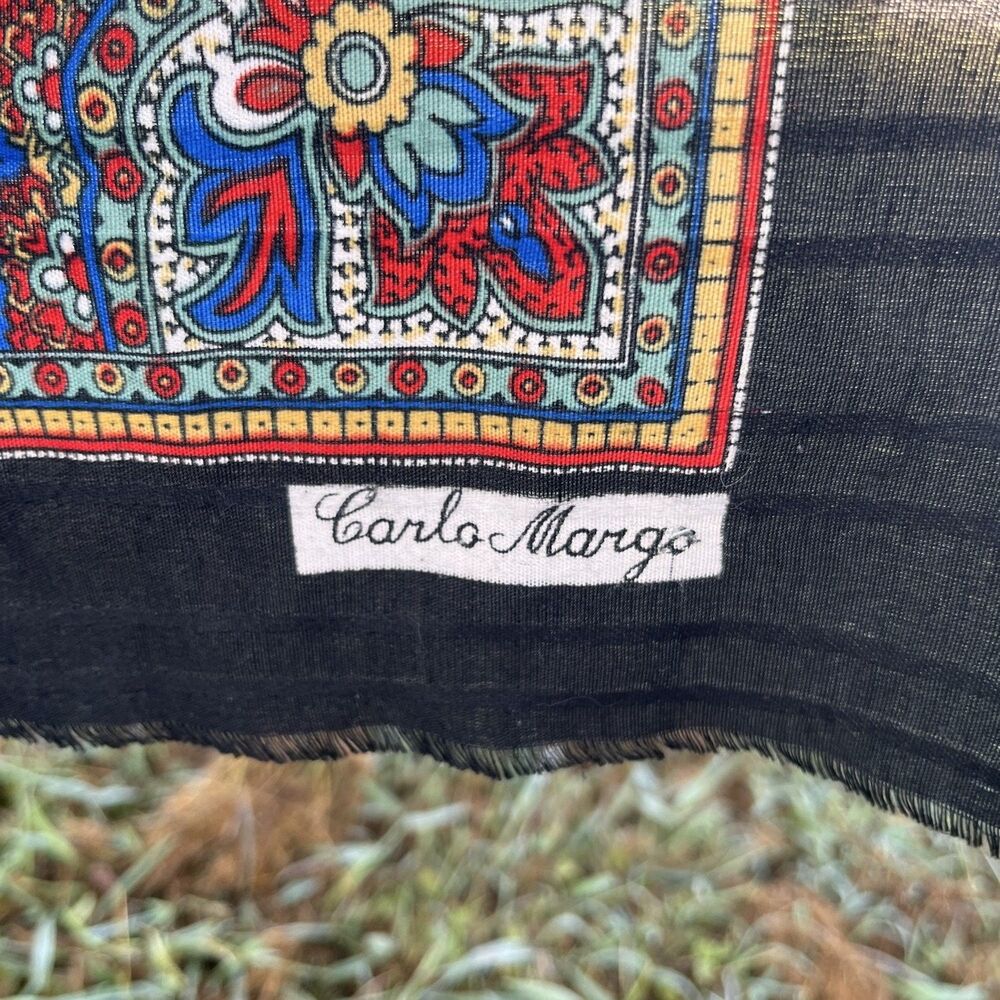 Vintage Carlo Margo Square Paisley Scarf 44x44 Black Red Multicolor Fringe